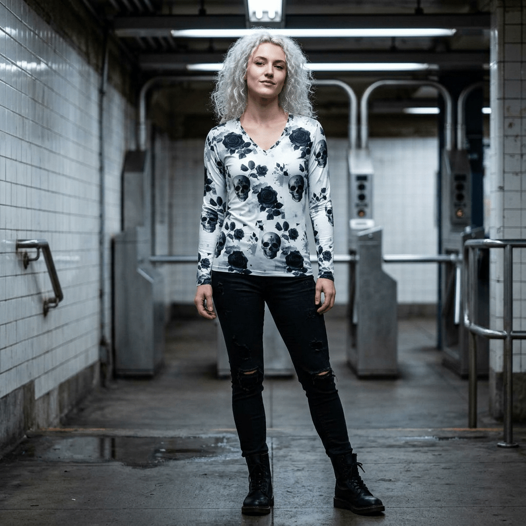 Women's V - Neck Long Sleeve Shirt — Black Skull & Rose All - Over Print - Raven Quest Apparel