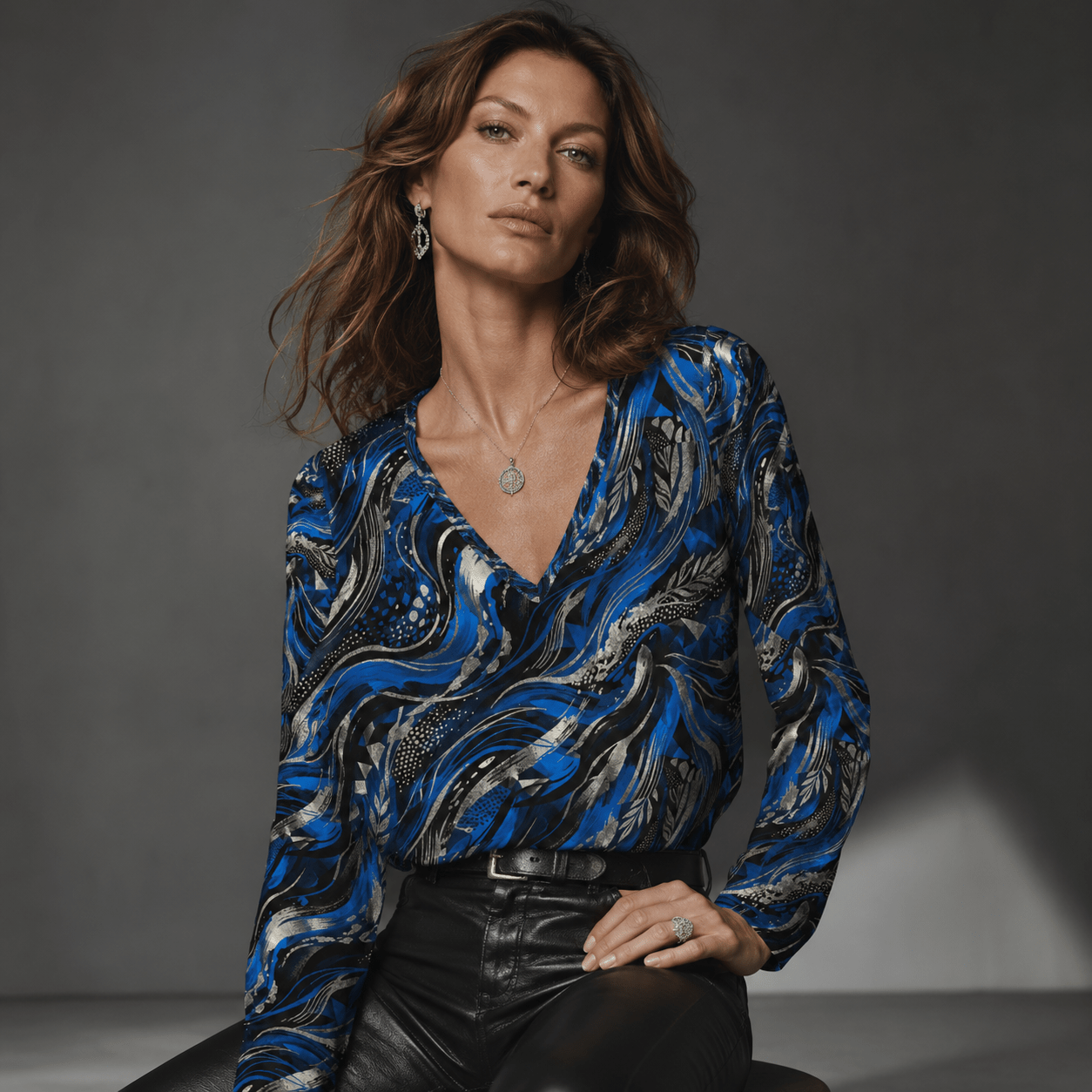 Womens V - Neck Long Sleeve Shirt — Blue Abstract Wave All - Over Print - Raven Quest Apparel