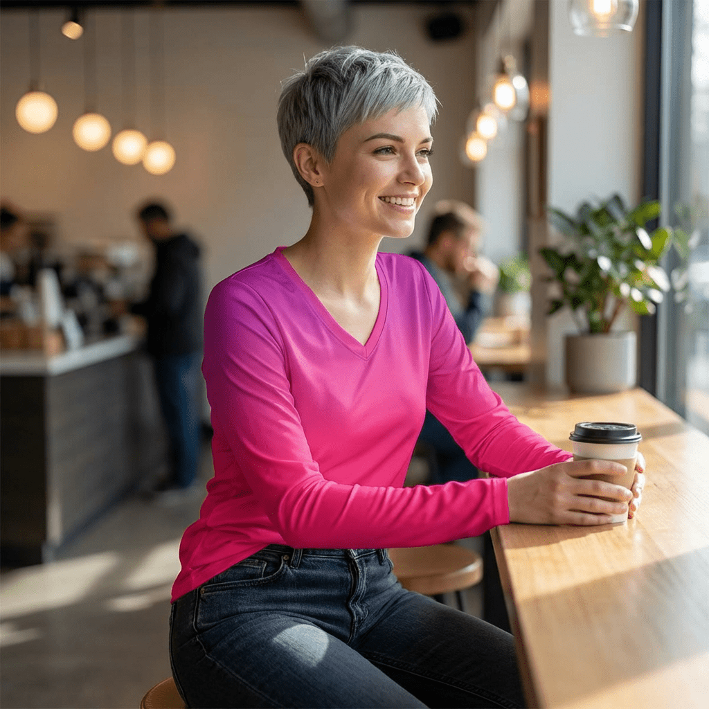 Women's V - Neck Long Sleeve Shirt - Gradient Pink All - Over Print - Raven Quest Apparel