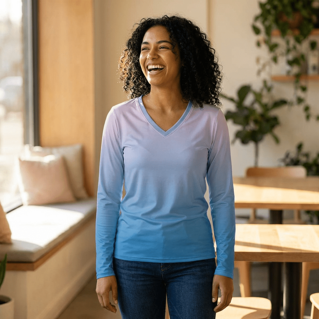 Women's V - Neck Long Sleeve Shirt - Gradient Sunrise All - Over Print - Raven Quest Apparel