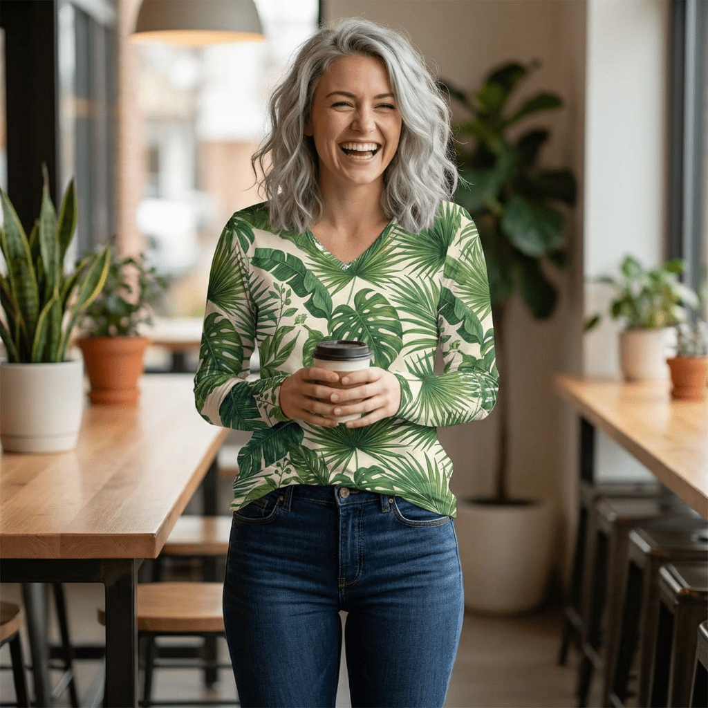 Women's V - Neck Long Sleeve Shirt - Palm Green All - Over Print - Raven Quest Apparel