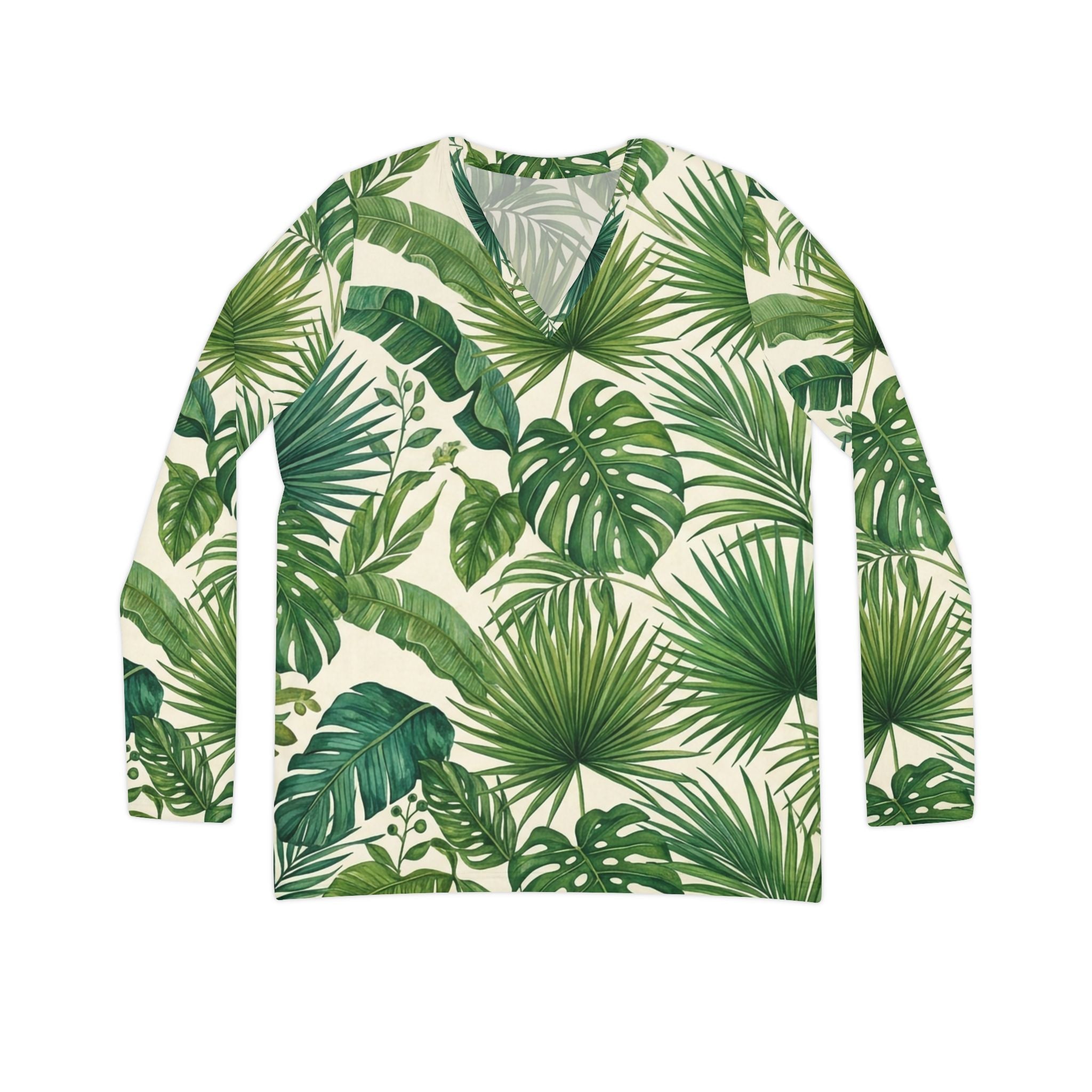 Women's V - Neck Long Sleeve Shirt - Palm Green All - Over Print - Raven Quest Apparel