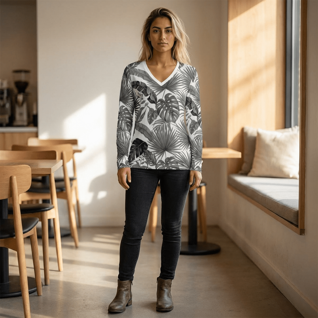 Women's V - Neck Long Sleeve Shirt - Palms - Raven Quest Apparel