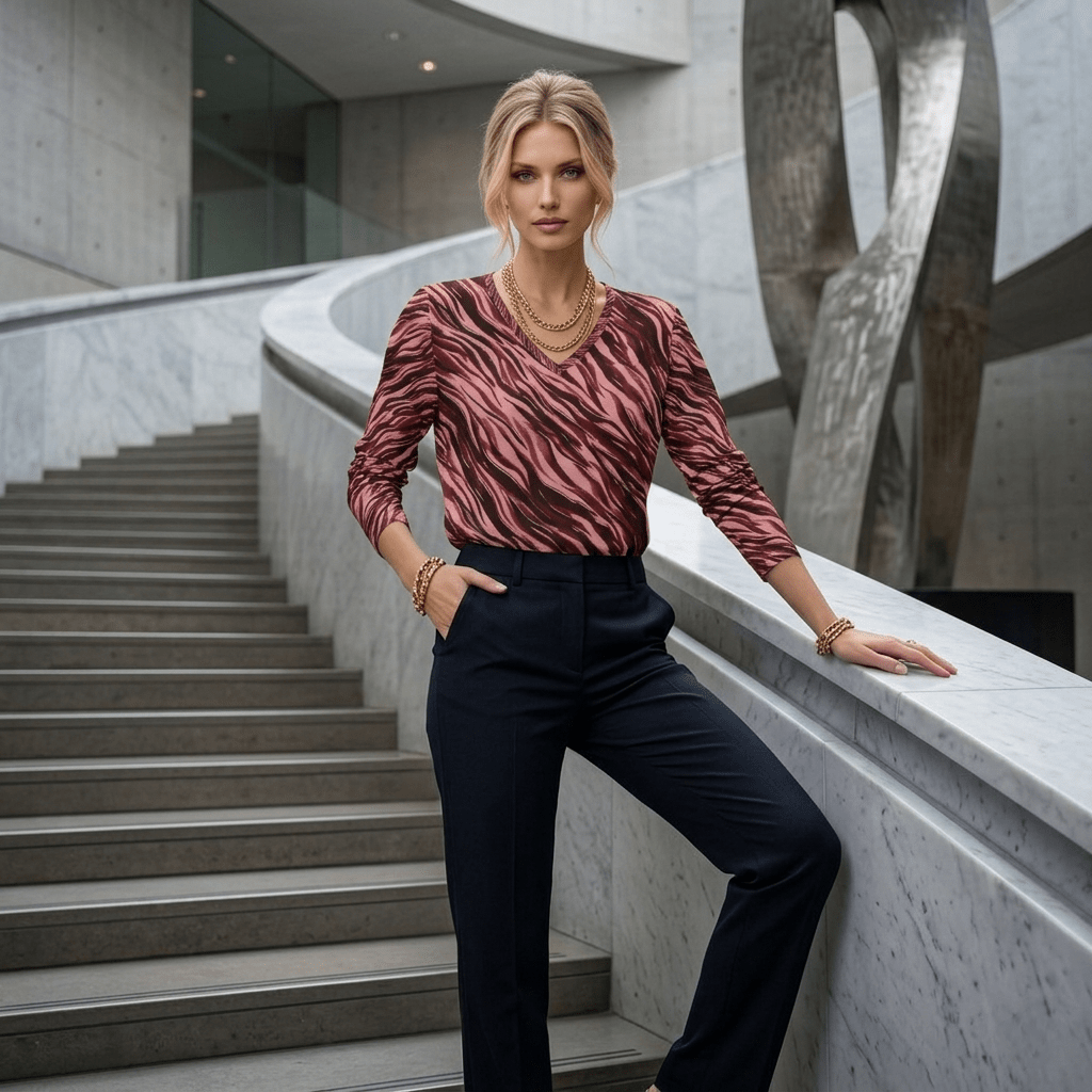 Women's V-Neck Long Sleeve Shirt — Pink & Cranberry Tiger Print All-Over Print | Raven Quest Apparel - Raven Quest Apparel