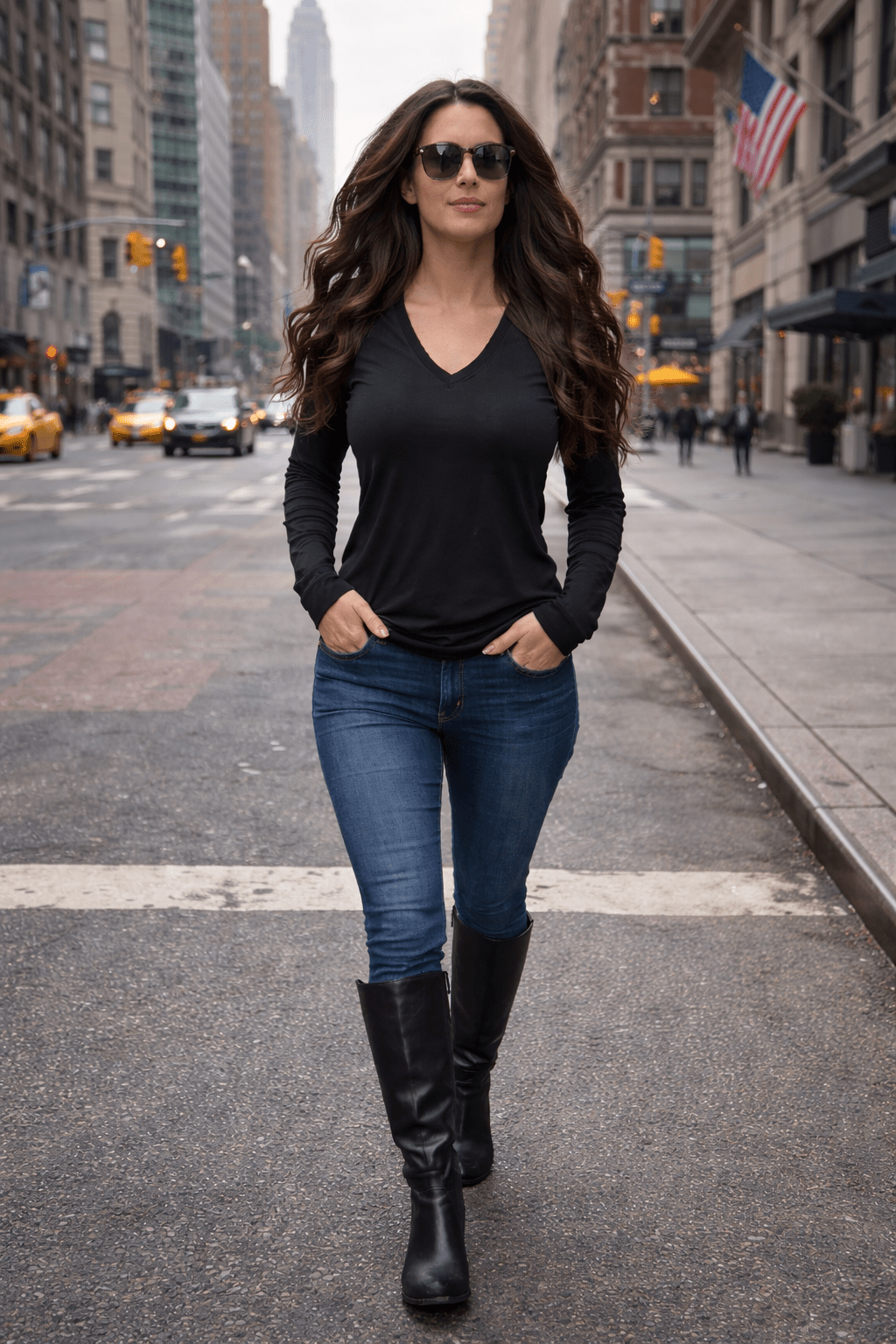 Women's V - Neck Long Sleeve Shirt - Slight Gradient Black All - Over Print - Raven Quest Apparel