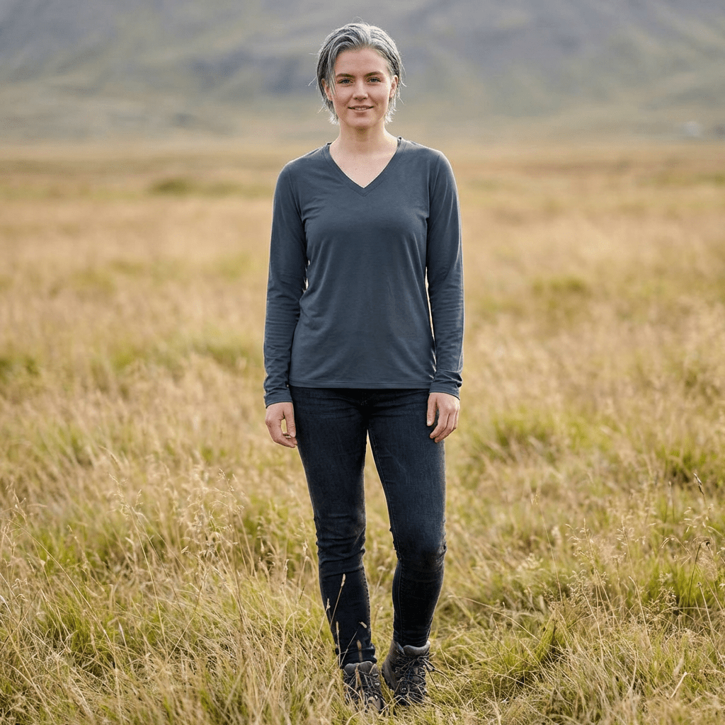 Women's V - Neck Long Sleeve Shirt - Slight Gradient in front - Raven Quest Apparel