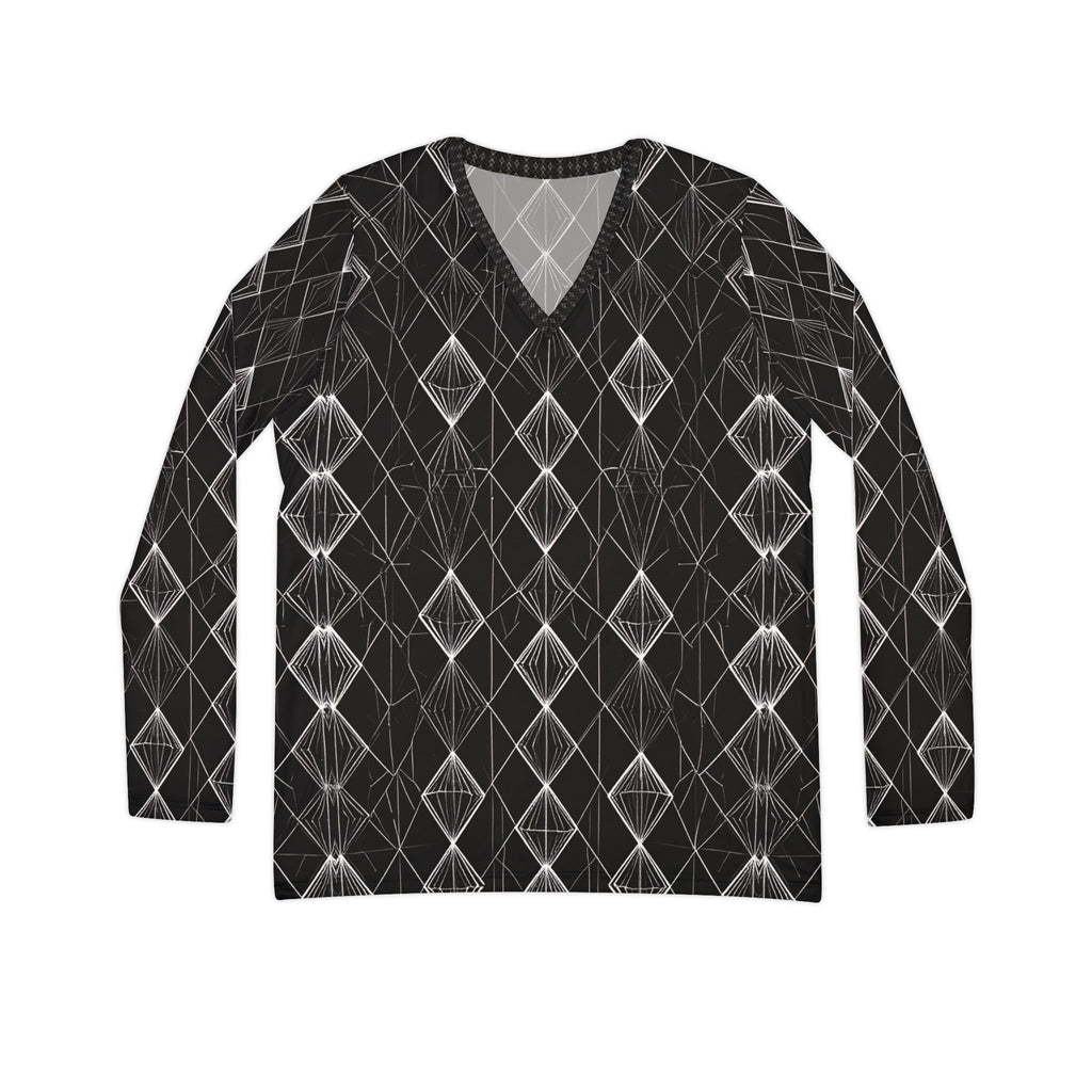 Women's V‑Neck Long Sleeve Shirt - Black Geometric Diamond Pattern - Raven Quest Apparel