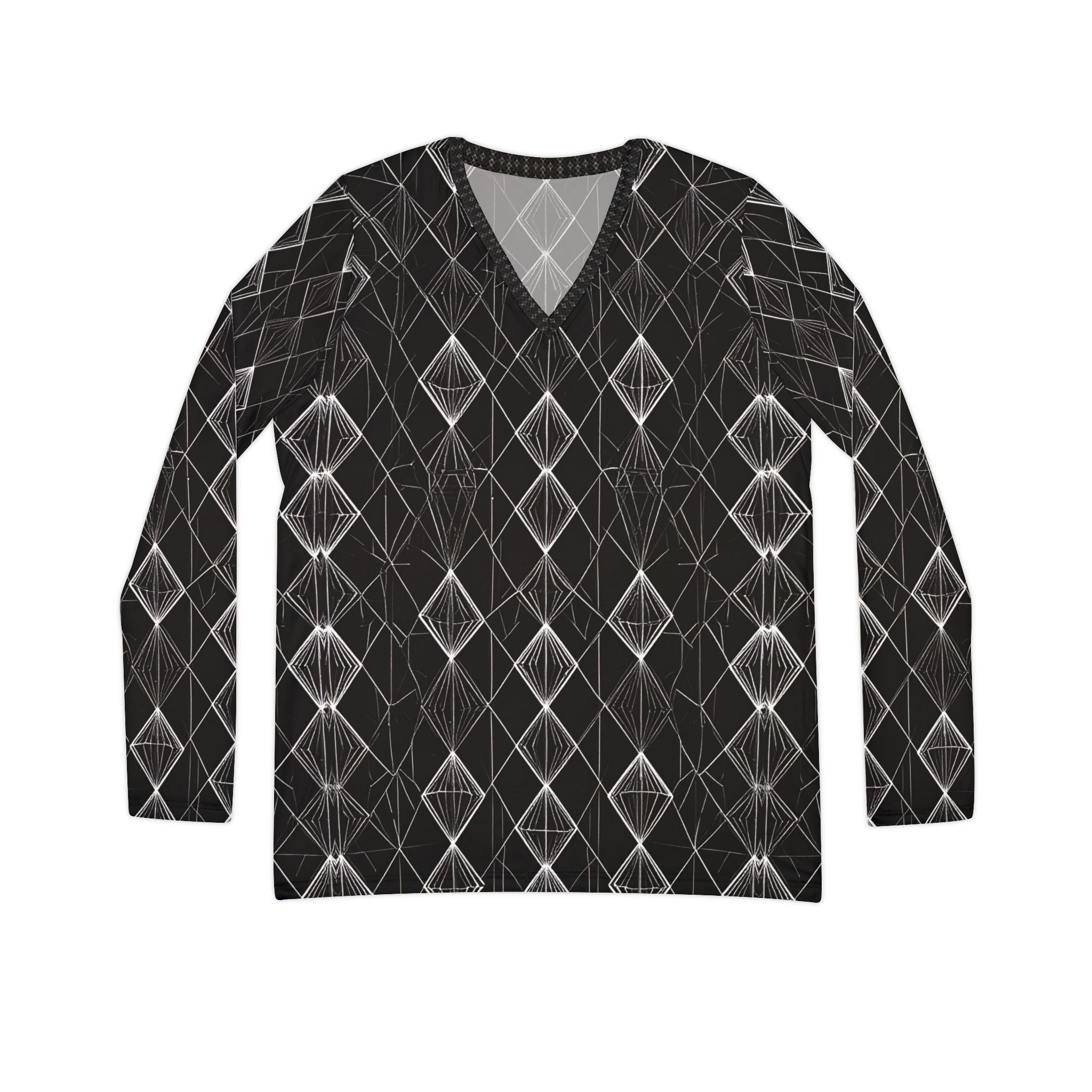 Women's V‑Neck Long Sleeve Shirt - Black Geometric Diamond Pattern - Raven Quest Apparel