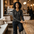 Women's V‑Neck Long Sleeve Shirt - Black Geometric Diamond Pattern - Raven Quest Apparel