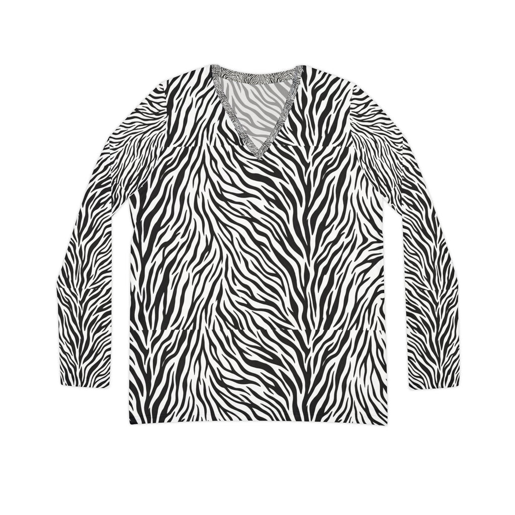 Zebra Print V‑Neck Long Sleeve Top — All‑Over Black & White Animal Print - Raven Quest Apparel