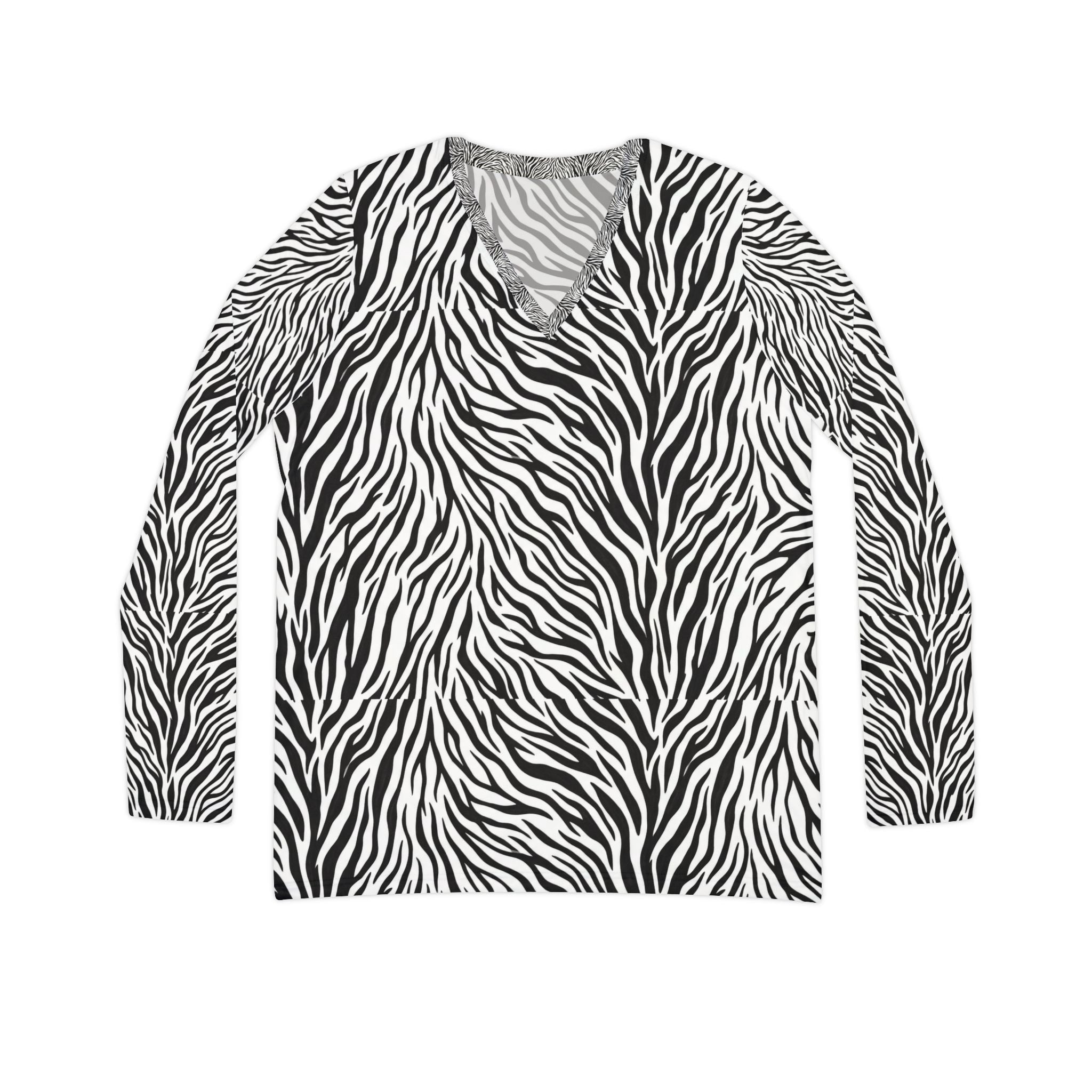 Zebra Print V‑Neck Long Sleeve Top — All‑Over Black & White Animal Print - Raven Quest Apparel