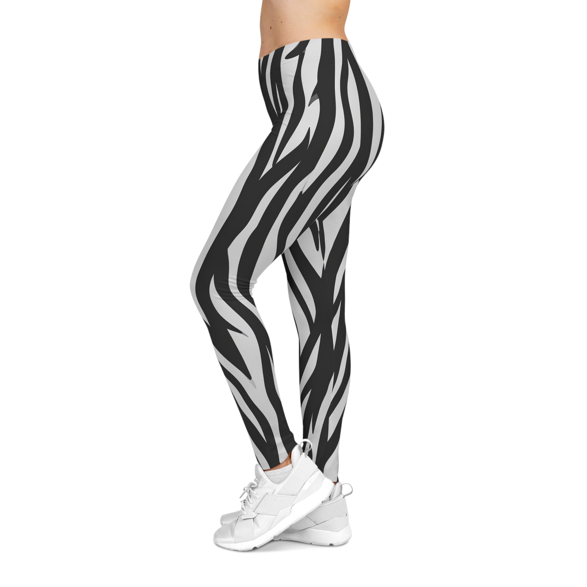 Zebra Stripe Print Women's Leggings — Black & White Fashion Leggings - Raven Quest Apparel