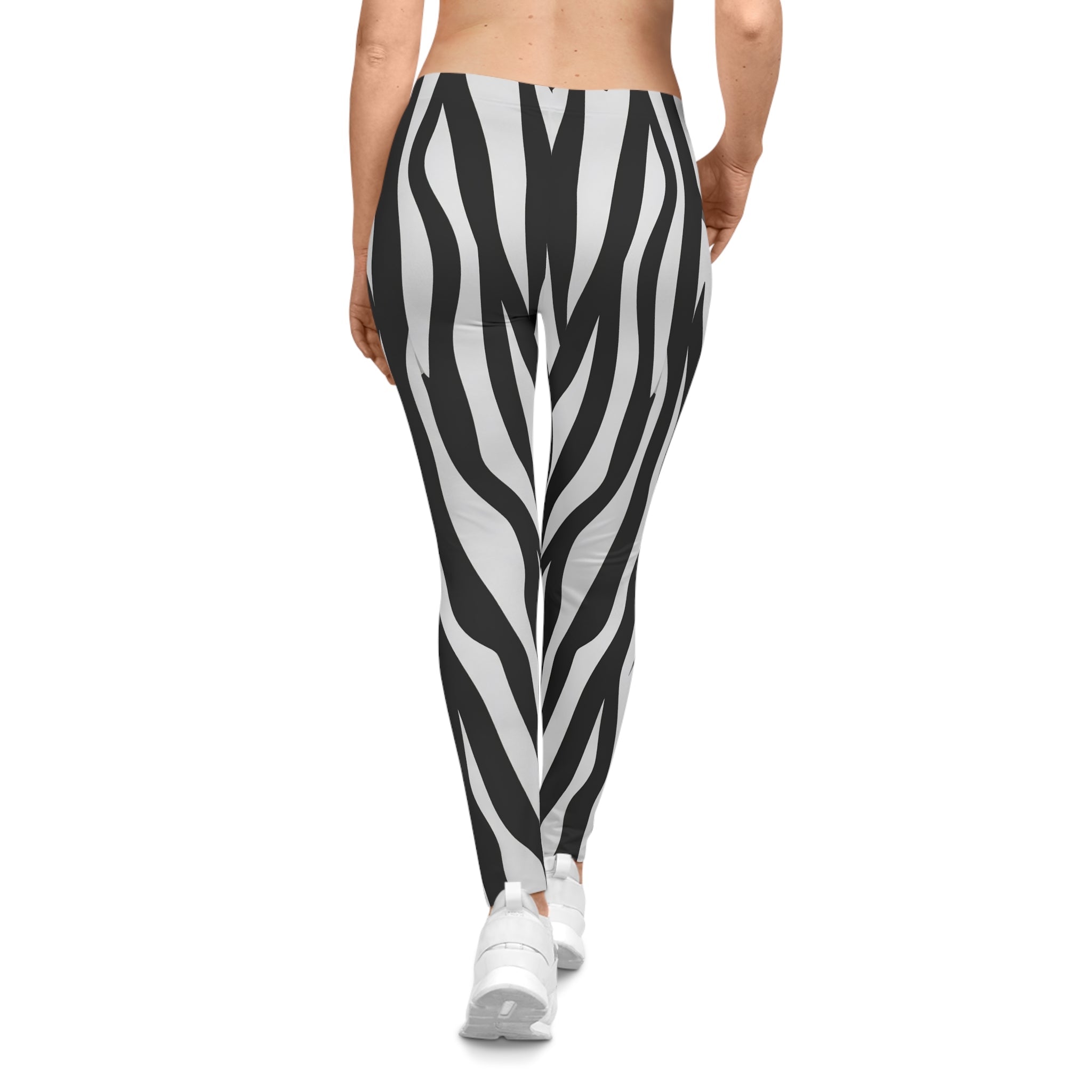 Zebra Stripe Print Women's Leggings — Black & White Fashion Leggings - Raven Quest Apparel