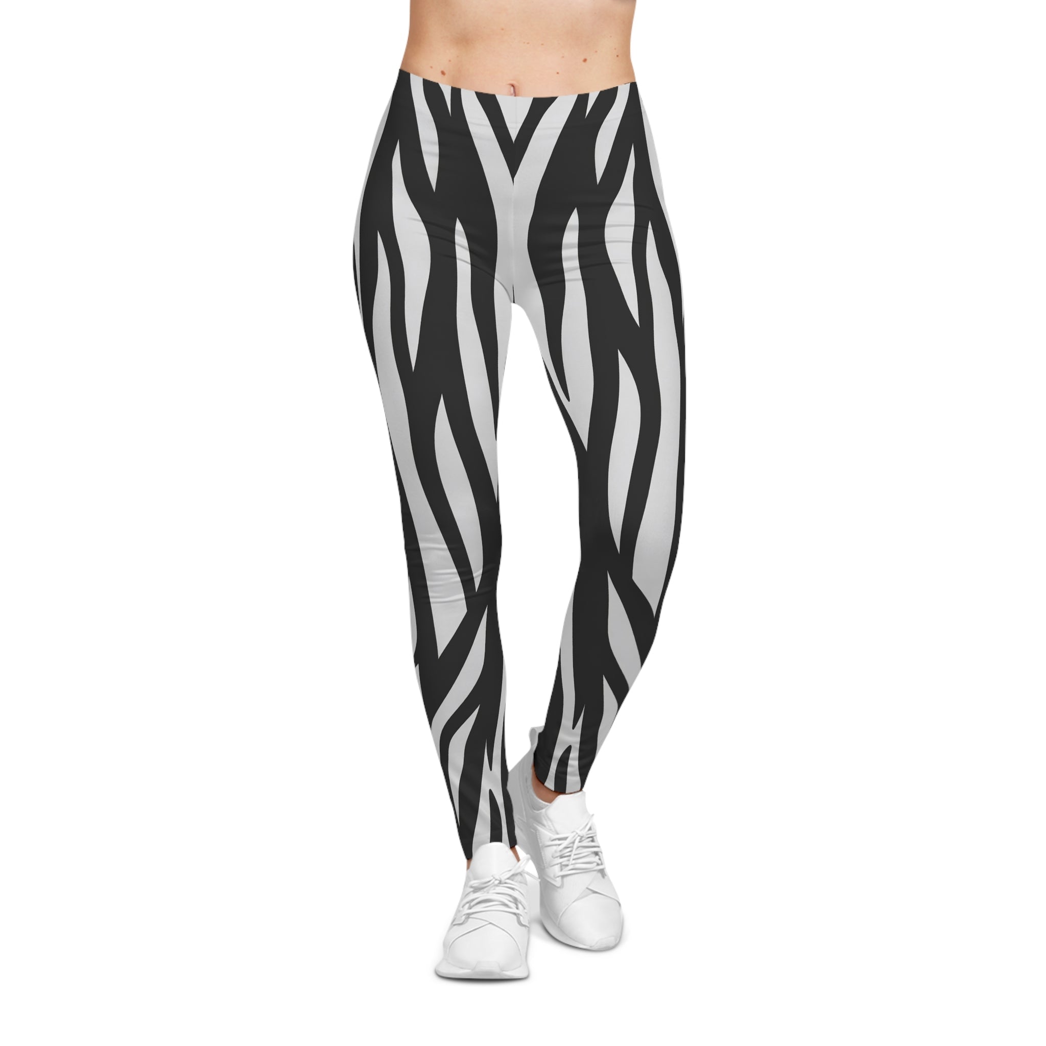 Zebra Stripe Print Women's Leggings — Black & White Fashion Leggings - Raven Quest Apparel
