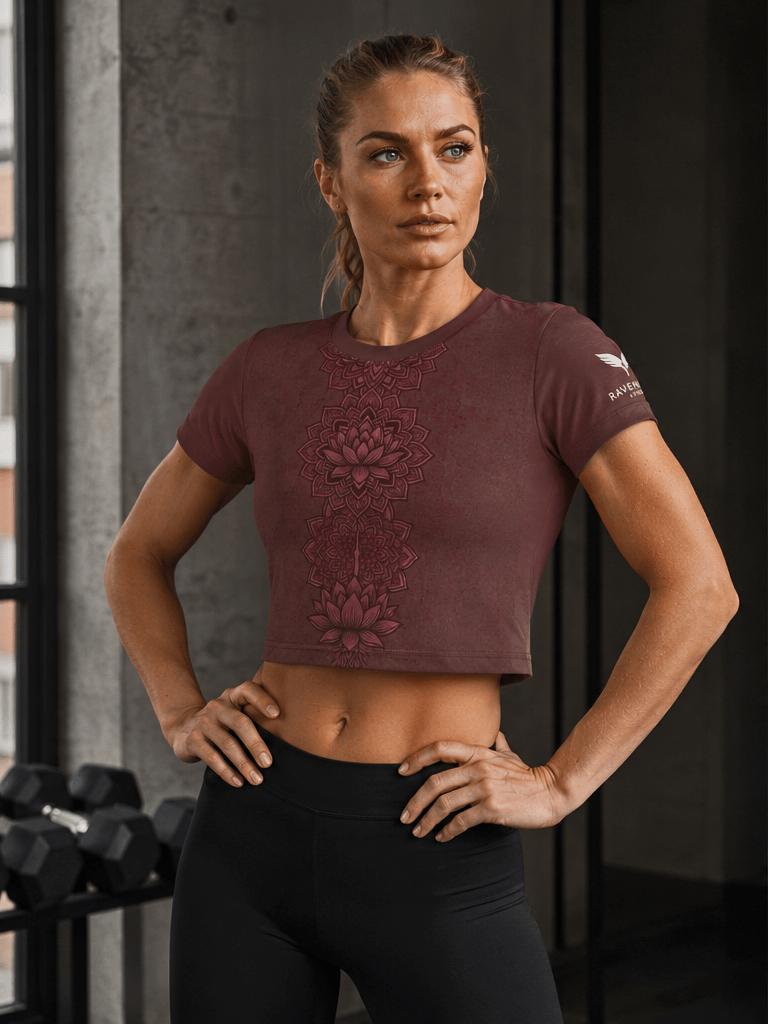 Zen Lotus Fire Mandala Crop Tee — Floral Yoga Top - Raven Quest Apparel