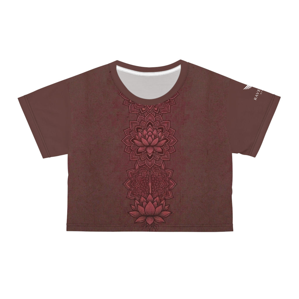 Zen Lotus Fire Mandala Crop Tee — Floral Yoga Top - Raven Quest Apparel