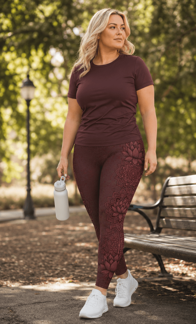 Zen Plus Size Leggings — Dusty Cranberry Mandala | Raven Quest Apparel - Raven Quest Apparel